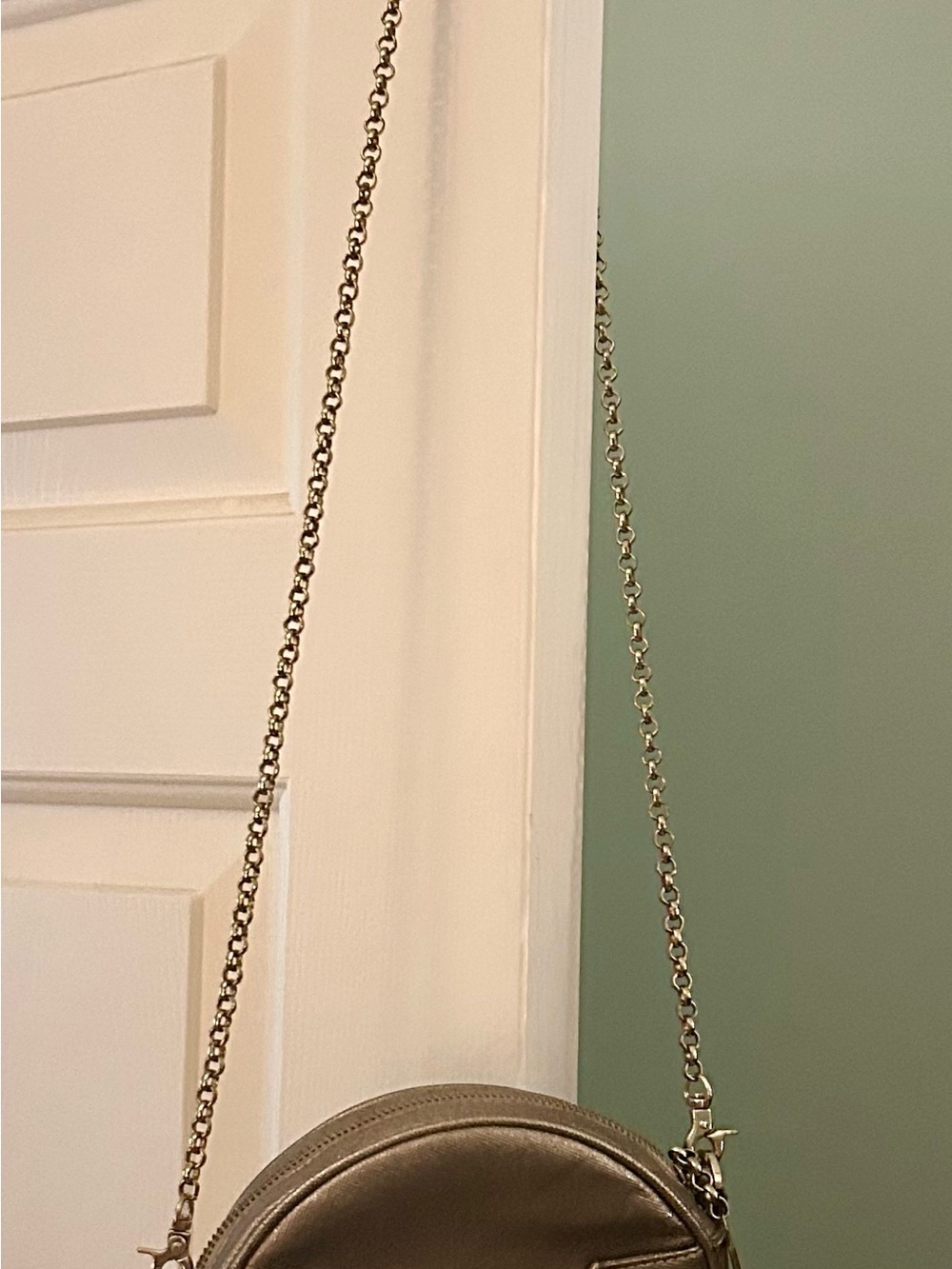 Women's Crossbody Circle Bag in Metallic Taupe - Classic Chain Strap
